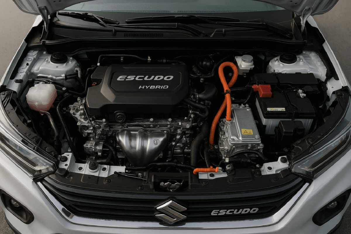 Engine bay view of Maruti Suzuki Escudo showing hybrid engine layout