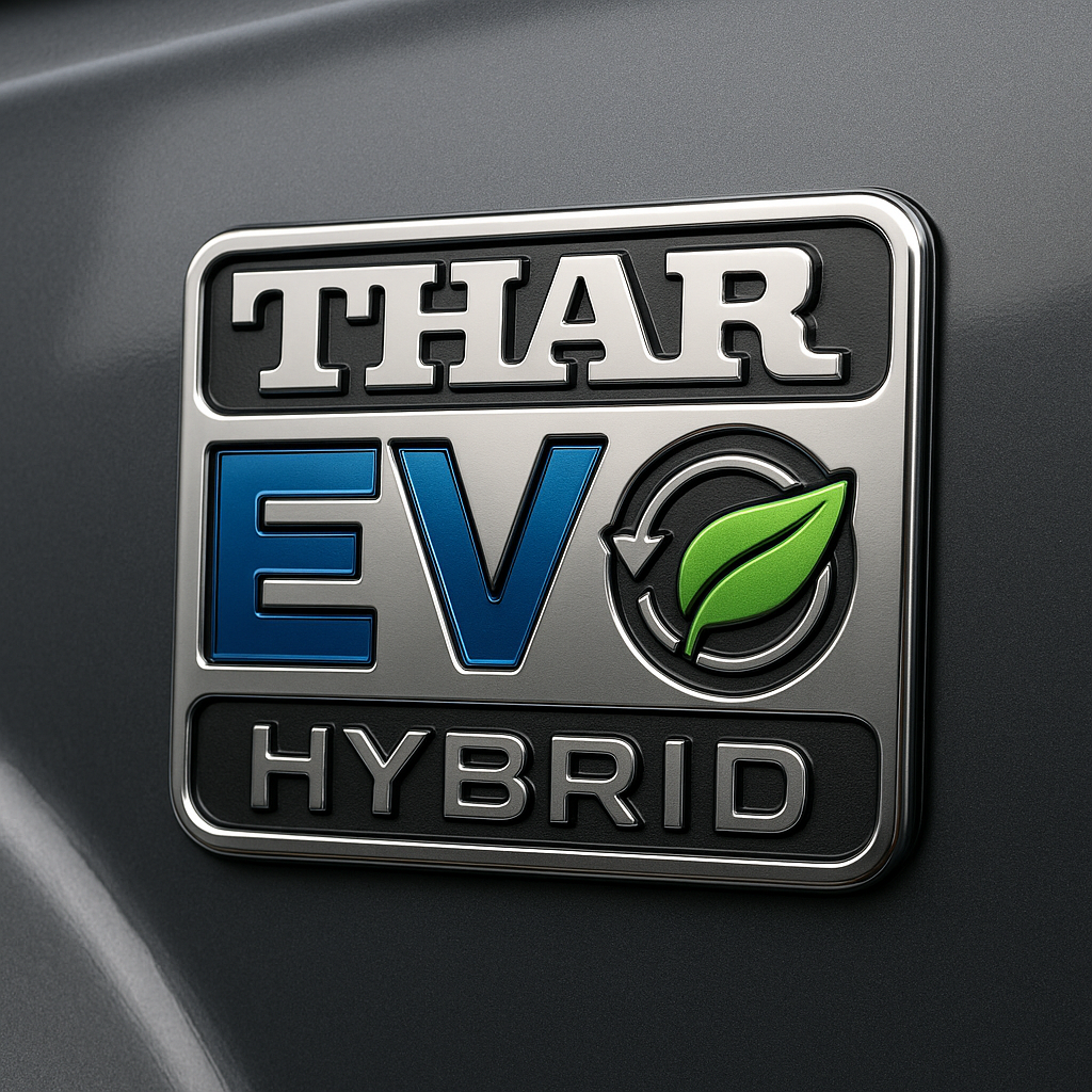 Mahindra Thar EV badge and hybrid logo KV detail close up