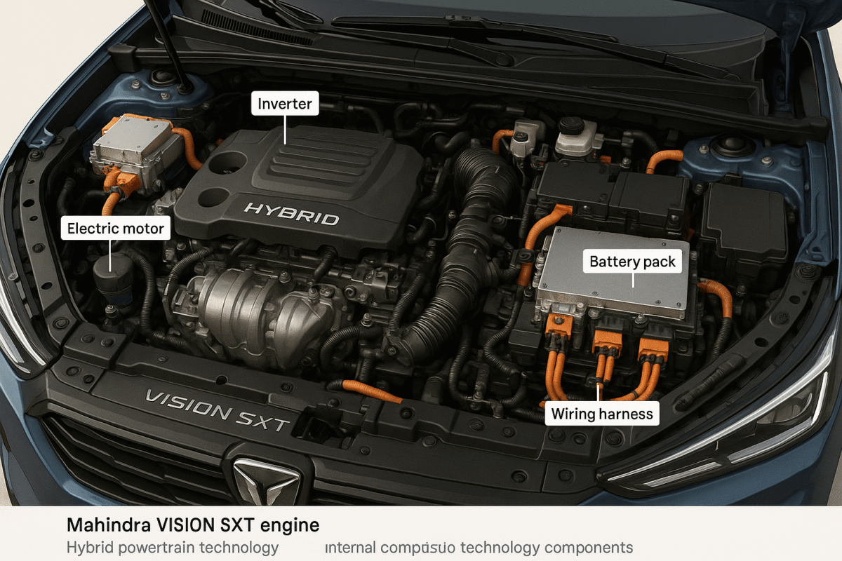 Mahindra Vision SXT engine bay hybrid powertrain technology components