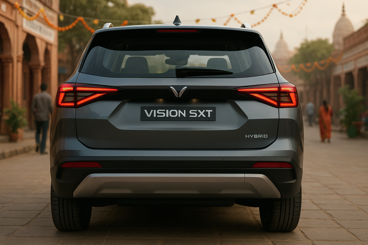 Mahindra Vision SXT hybrid SUV rear view back angle India