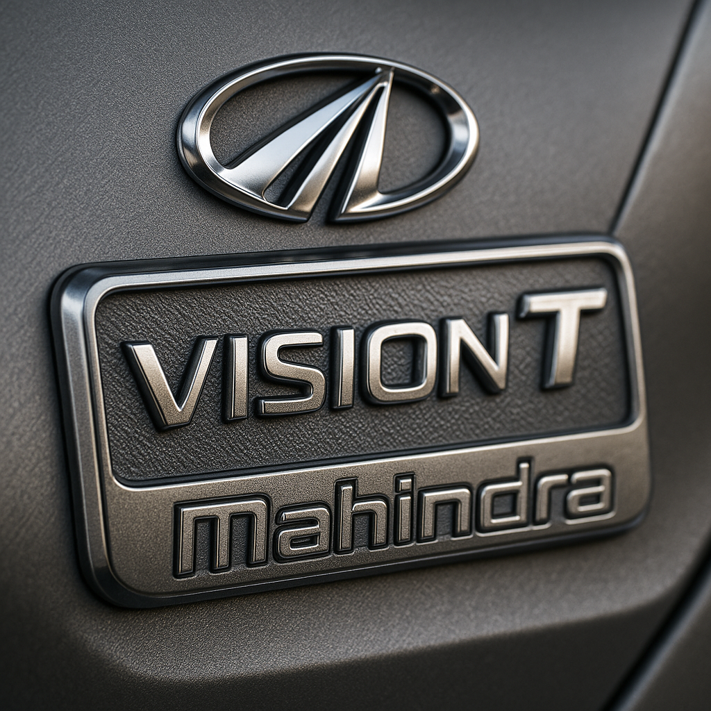 Mahindra Vision T badge and logo detail close up